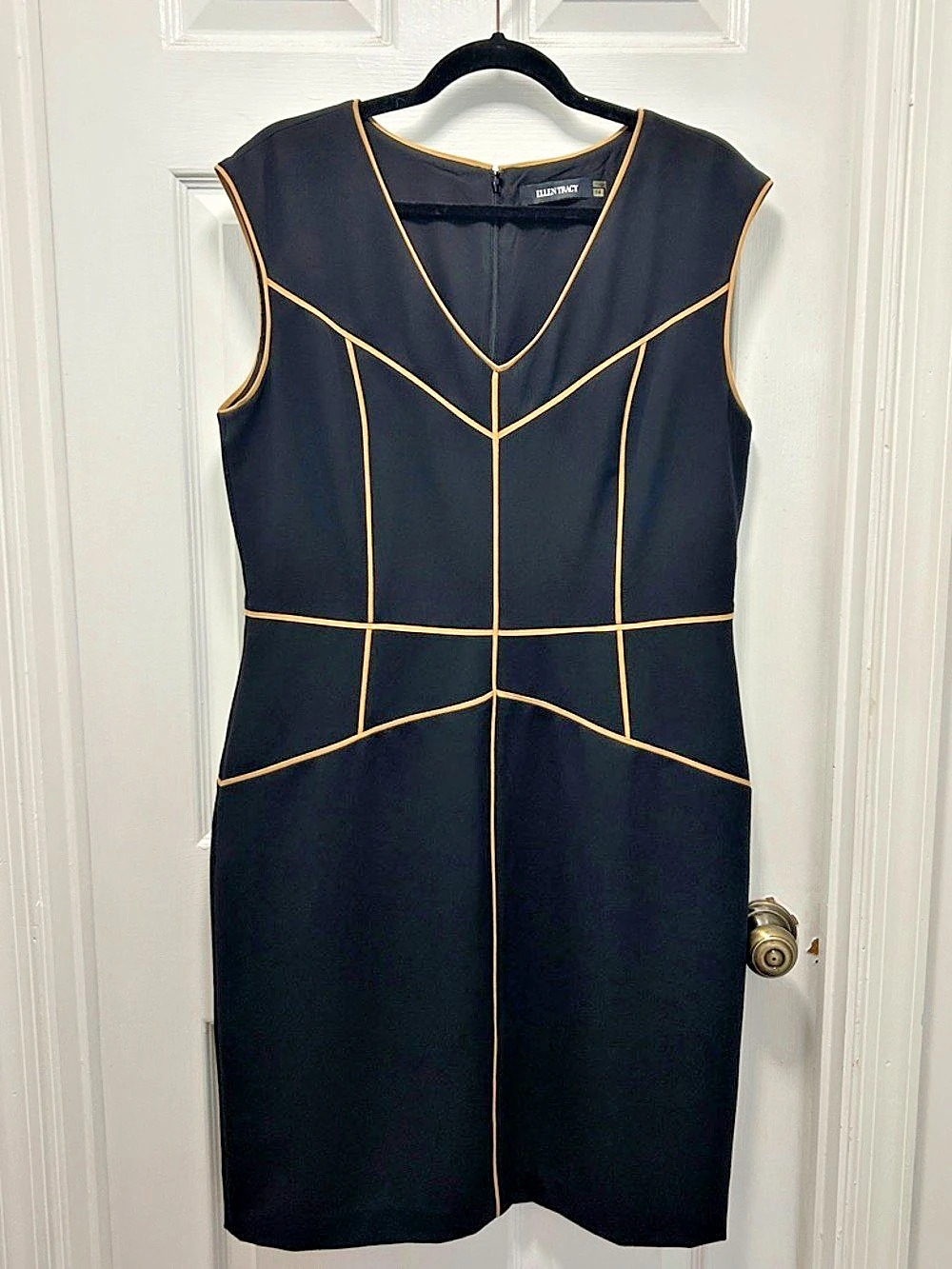 Ellen Tracy Tailored Black Sheath Dress Tan Piping Size 14 Dry Cleaned/Like New